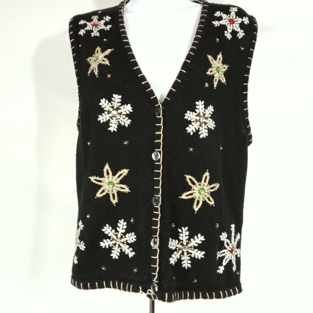 One Resource Beaded Snowflake Holiday Sweater Vest Black Silver Gold Medium